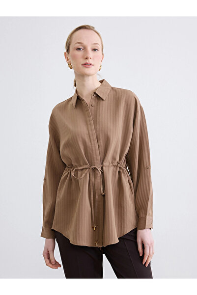 LC Waikiki LCWAIKIKI Κλασικό Καφέ Γυναικείο Πουκάμισο Τουνίκ με Δαντέλα στη Μ...