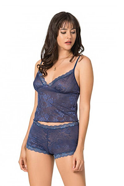PRIMODA Women's Lace Strap Shorts Babydoll Set |   Navy Blue 9051