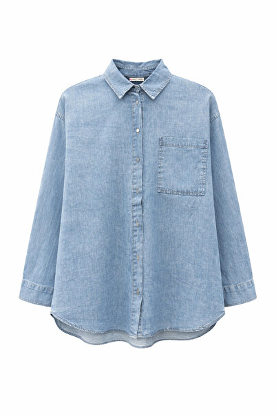 Mixray 4630 Kadın Uzun Kollu İnce Denim Gömlek İndigo