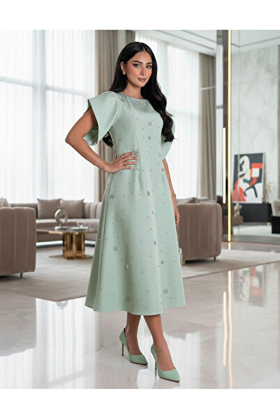 DVNA Hand-embroidered turquoise midi dress (Soft Turquoise Charm)