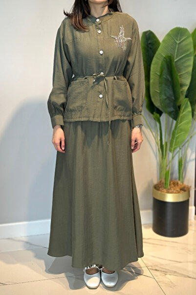 Lale Butik Stone Embellished Shirt Bell Skirt Set 4443 Khaki