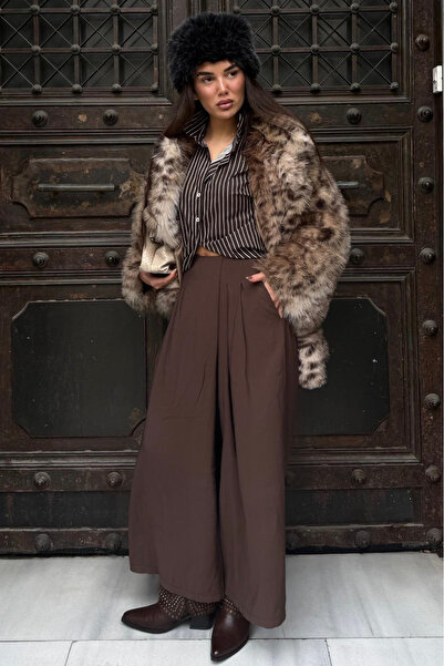 Madmext Brown Relaxed Fit Pleated Women's Skirt Trousers with Pockets Mg2693