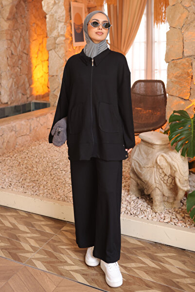 İmajButik Black Zippered Tunic and Pants Modal Set