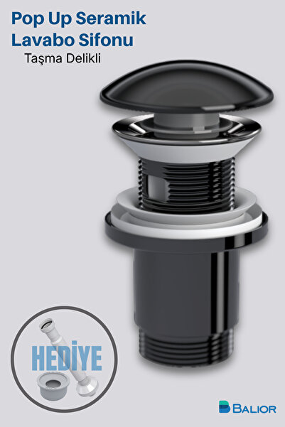 BALİOR Seramik Lavabo Sifonu Koku Engelleyici Aç-Kapa Parlak Siyah Taşmalı