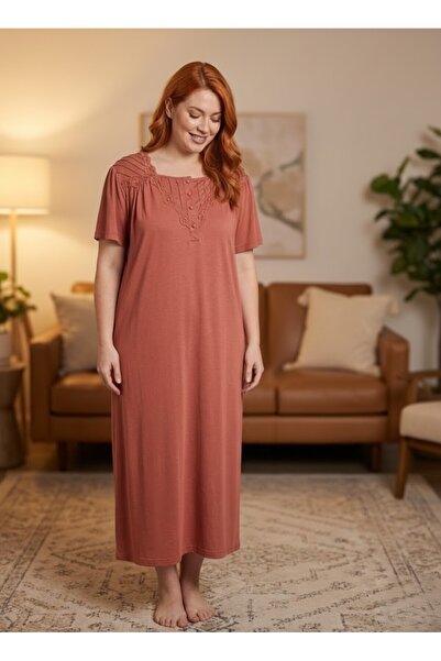 Lohussa New Season Tan Summer Full-Length Design Lace Detailed Short Sleeve P...