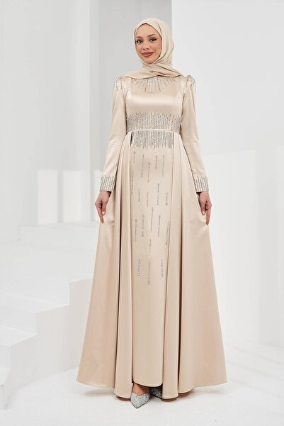 İmajButik Beige Satin Evening Dress with Stones on the Front