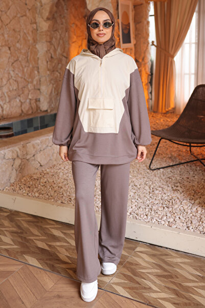 İmajButik Beige Garnished Tunic and Trousers Modal Set