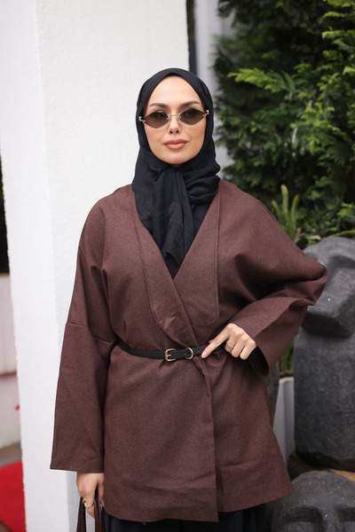 İmajButik Brown Belted Double-Breasted Collared Casual Jacket