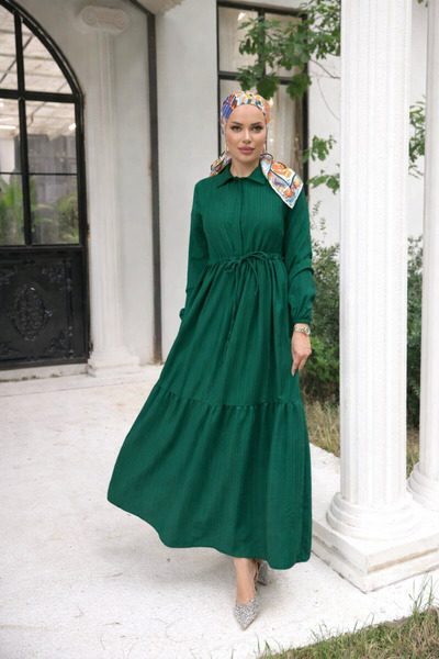 comstar Women's Long Sleeve Gathered Hijab Dress in Black and Green