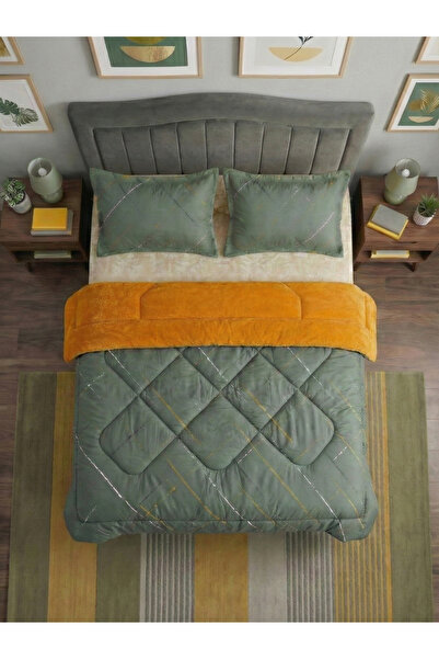 Çetinhome Double Patterned Welsoft Quilt Set (Without Sheets) Reflection Mustard