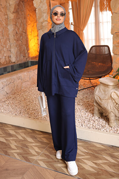 İmajButik Navy Blue Zippered Tunic and Pants Modal Set
