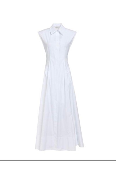'Ello White sleeveless maxi dress with collar and buttons, elegant model
