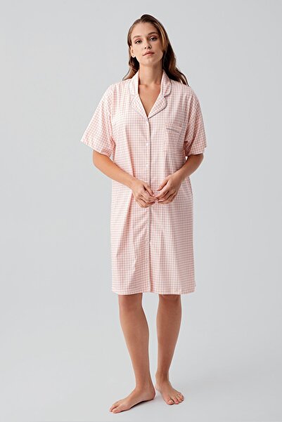 Artış Short Sleeve Buttoned Stretchy Cotton Nightgown