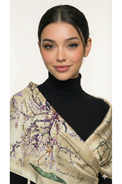 Ege Fular Şal Van Gogh Şal Badem Çiçekleri Desenli - 190x65 cm - %100 Saf İpe...