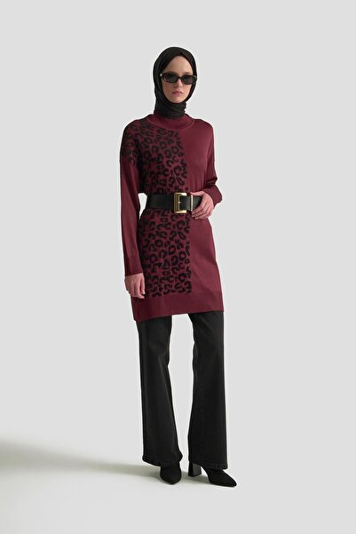 Armine TREND Leopar Desenli Balıkçı Yaka Triko Tunik Bordo 25YTD4110