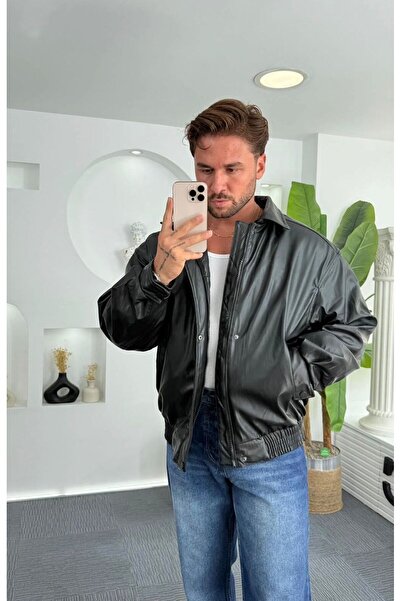 İBOS MODA Men's Oversize Bomber Comfortable Fit Leather Jacket