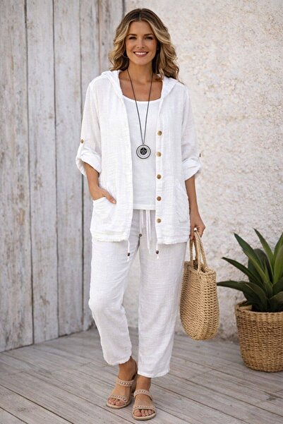 AGORATEKSTİL Women's Organic Muslin Fabric Shirt and Pants 2-Piece Set