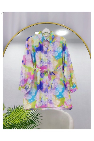 YEDİLALE Man.Go Fabric Lace-Up Flowered Tunic [80 cm Length]