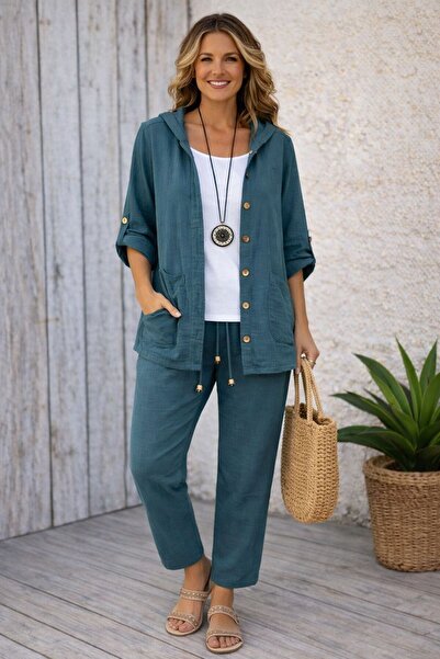 AGORATEKSTİL Set de 2 piese cămașă și pantaloni din țesătură muselină organic...