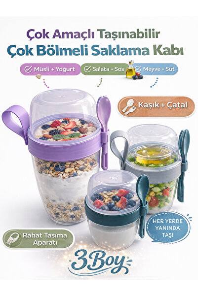 BEYLİNİ Set of 3 Portable Spoon+Fork with Lid Yogurt Food Diet Storage Contai...