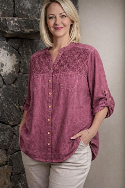 AGORATEKSTİL Women's Washed Cotton Fabric Plus Size Three Quarter Sleeve Mom ...