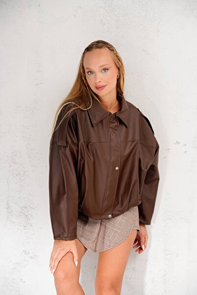 VESS MODA New Season Bomber Leather Jacket with Shoulder Epaulet Detail