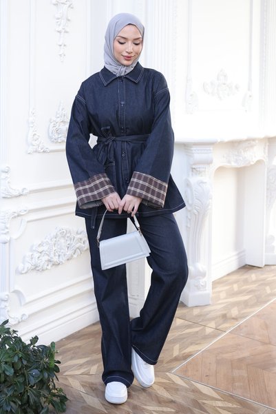 İmajButik Navy Blue Belted Jacket and Trousers Denim Suit