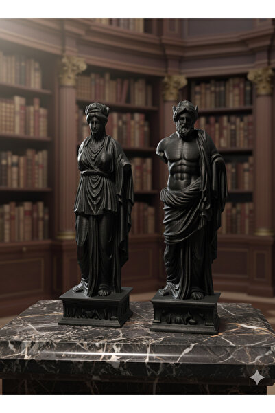 Pilovestik 2'li Antik Yunan Heykel Seti - 20 cm Dekoratif Büst Biblo - Siyah