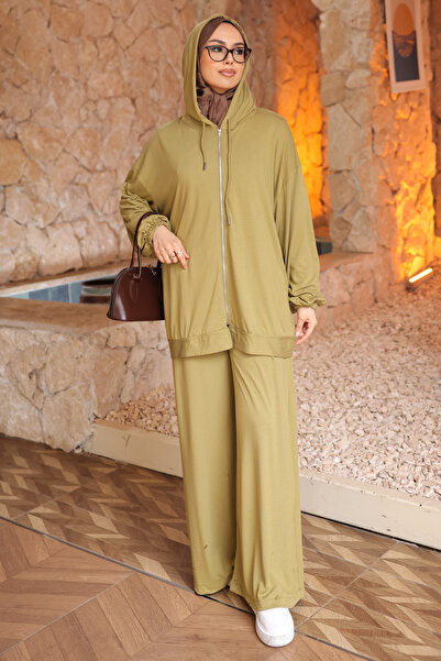 İmajButik Oil Green Zippered Hooded Tunic with Pants Modal Set