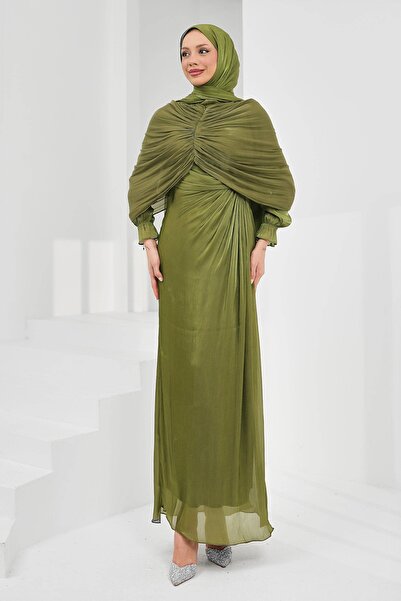 İmajButik Khaki Draped Front Cape Evening Dress