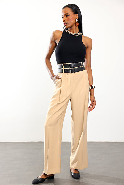 5in1Canpolat Beige Double Belted Comfortable Cut Pants 1450