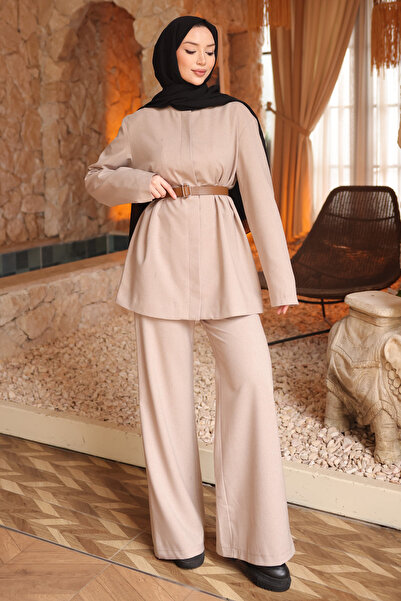 İmajButik Beige Belted Jacket and Trousers Set