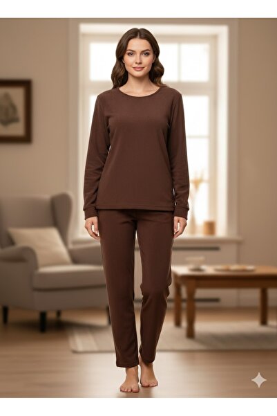 sleeproom Women's Plain Fleece Brown Pajama Set