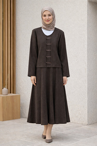 Kirazgym Leather Detailed Buttoned Front Skirt Thessaloniki Suit - Brown