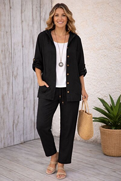 AGORATEKSTİL Women's Organic Muslin Fabric Shirt and Pants 2-Piece Set