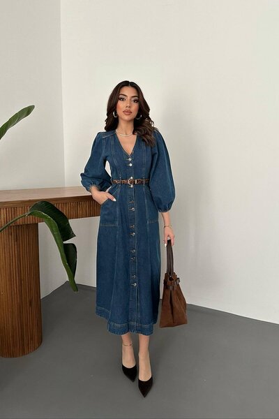 LOKADI Kadın V Yaka Balon Kol Düğmeli Denim Elbise