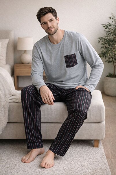 STELLAPİNK طقم بيجامة رجالي من القطن الممشط بأكمام طويلة