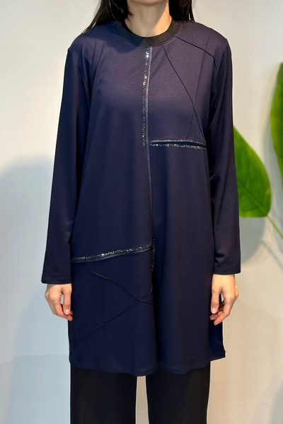 Lale Butik Combed Cotton Stone Detailed Tunic 45-98 Navy Blue