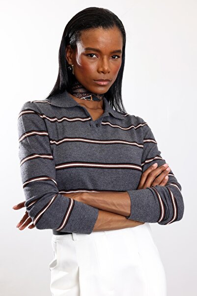 5in1Canpolat Anthracite Polo Neck Striped Knitwear Tk261011