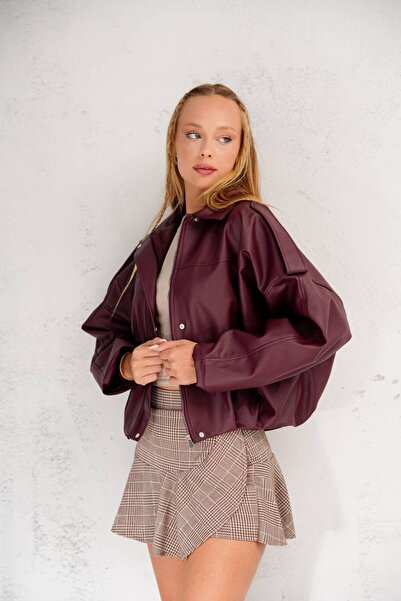 VESS MODA New Season Bomber Leather Jacket with Shoulder Epaulet Detail