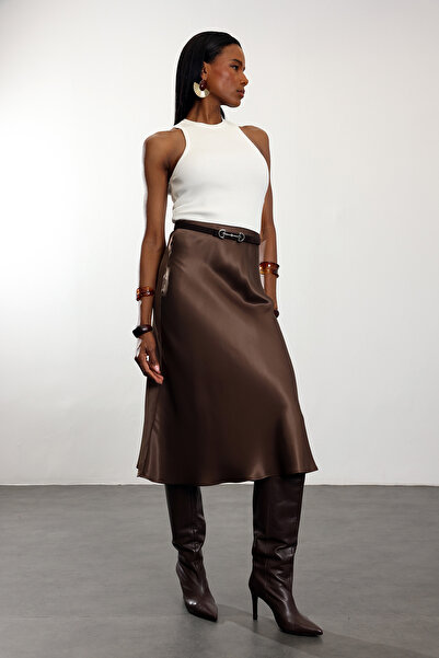 5in1Canpolat Brown Satin Flounce Skirt 18002