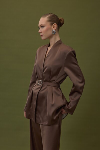 Sateen Lisa Belted Satin Jacket - Brown