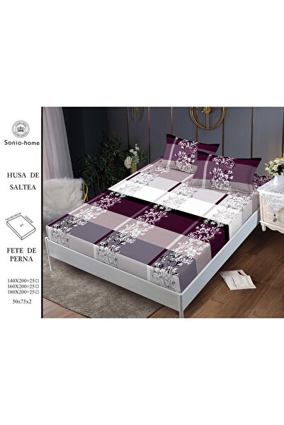 FIONNA.RO Husa cu Elastic si Fete de Perna Din Finet 160x200cm - Mov Cu Dungi