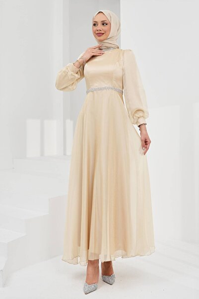 İmajButik Beige Collar Waist Stoned Balloon Sleeve Evening Dress