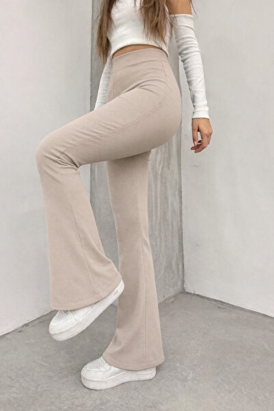 PEV Kadın Bej Yüksek Bel Dokulu Krep Kumaş Battal Büyük Beden İspanyol Paça T...