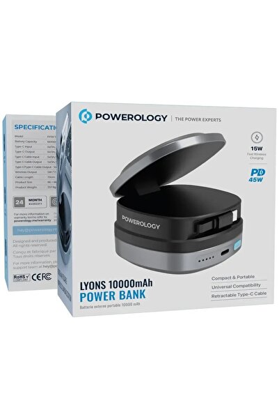 Powerology Lyons 10000mAh Power Bank – 15W Fast Wireless, 45W PD USB-C, Retra...