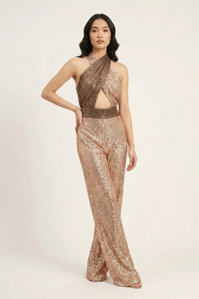 SandTheSparkling Nora Payetli Cut-Out Detaylı Halter Yaka Abiye Tulum