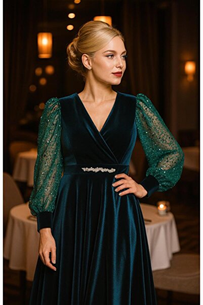 Divin store Green Velvet evening dress with sequined organza sleeves