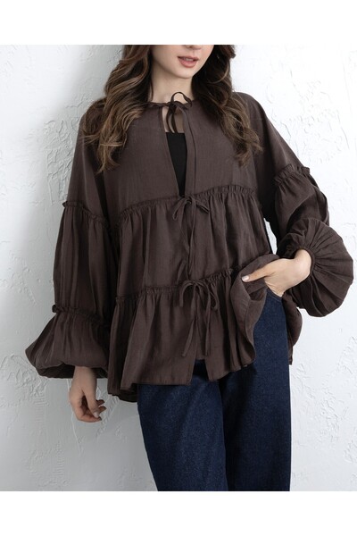 Modamorfo Layered Modal Shirt with Elastic Sleeves and Tie Front - Brown