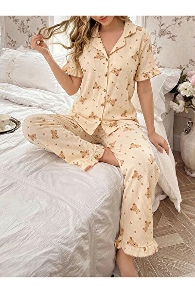 MİSSLALE Düğmeli Bürümcük Kısa Kol Kadın Pijama Takımı